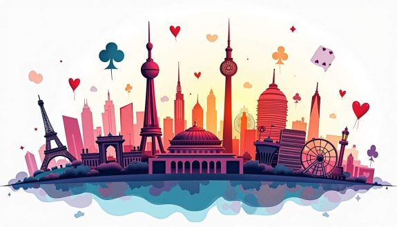 An imaginative landscape featuring iconic landmarks from various countries