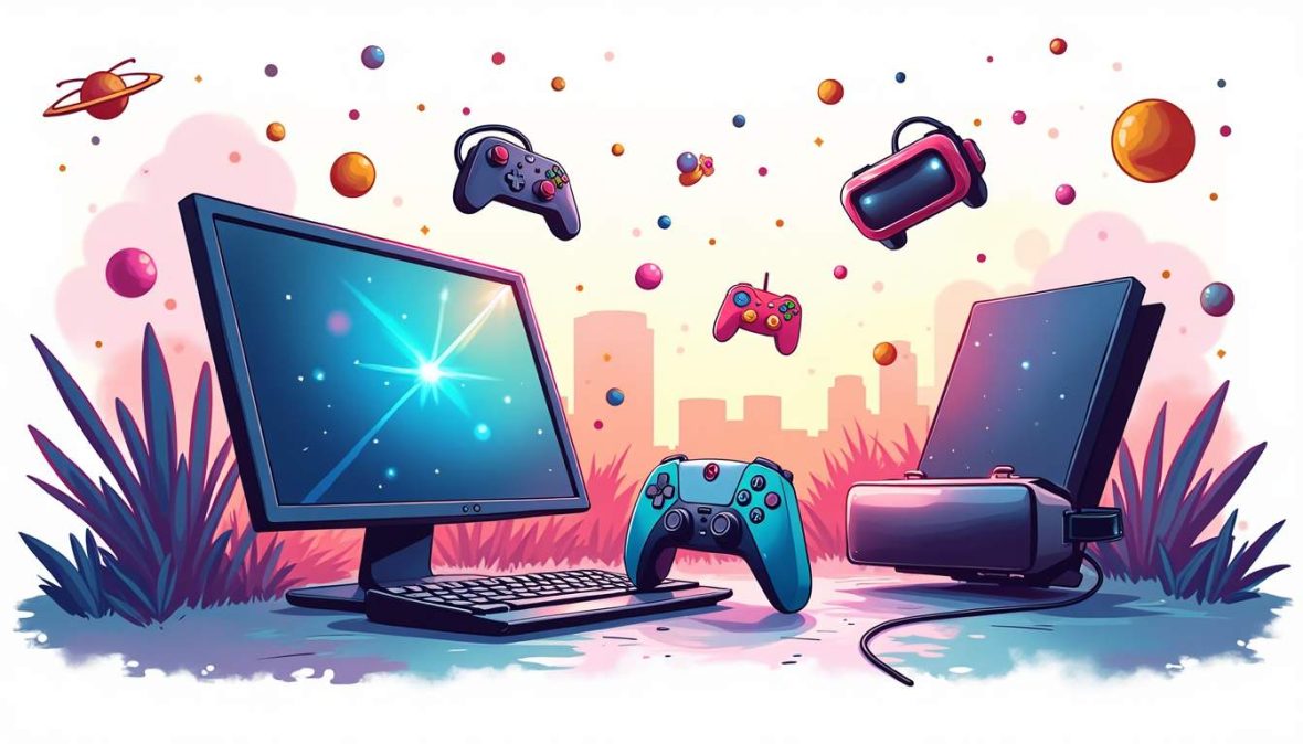 An engaging and vibrant gaming landscape featuring iconic elements like consoles