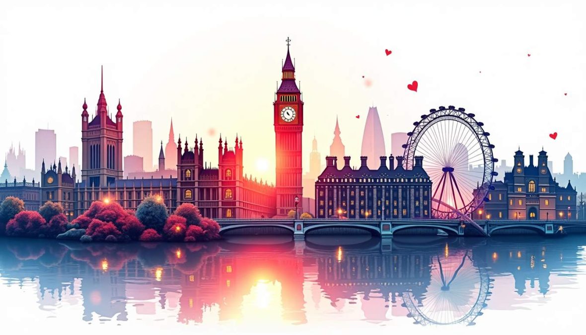 A vibrant digital landscape featuring iconic uk landmarks intertwined with elements of online gambling