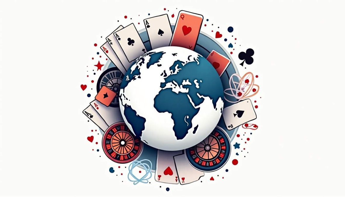 An abstract globe surrounded by various iconic symbols of gambling