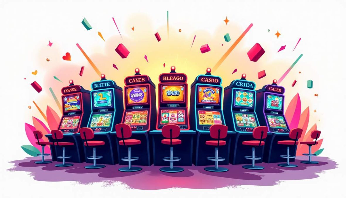 An exciting and vibrant online casino scene featuring various colorful slot machines