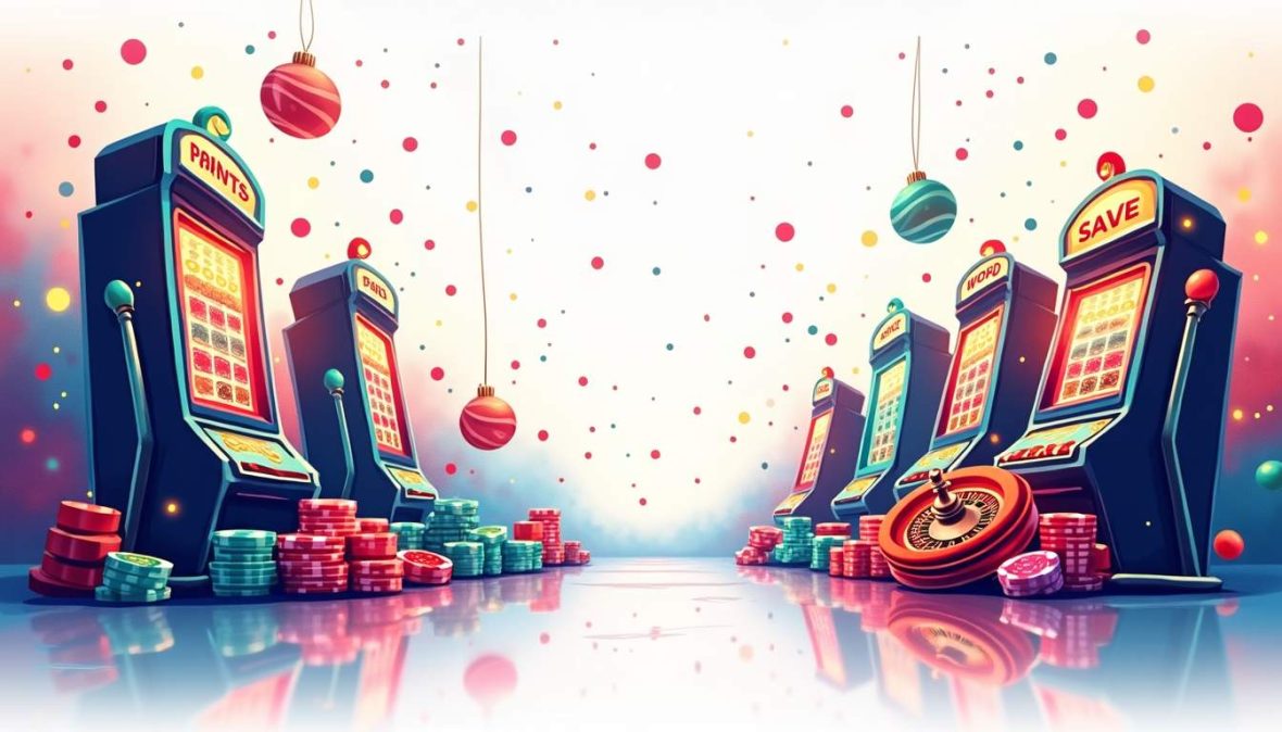 A vibrant casino scene featuring a variety of gaming elements such as colorful slot machines