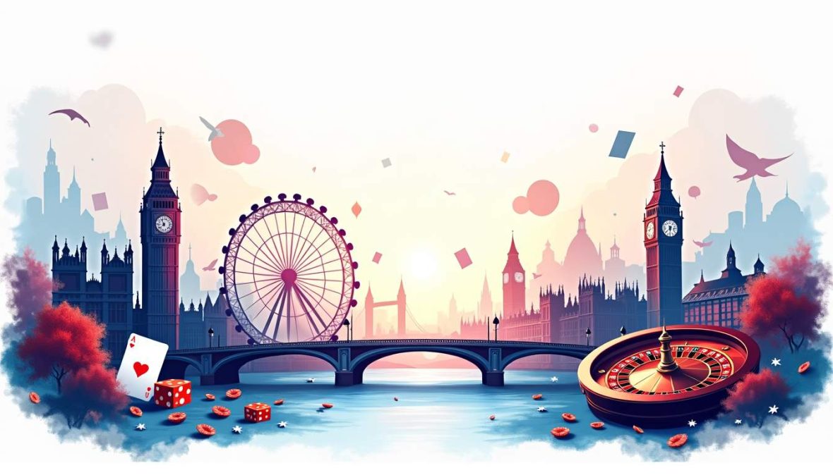 An imaginative landscape featuring iconic uk landmarks intertwined with various online gambling elements like playing cards