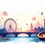 An imaginative landscape featuring iconic uk landmarks intertwined with various online gambling elements like playing cards