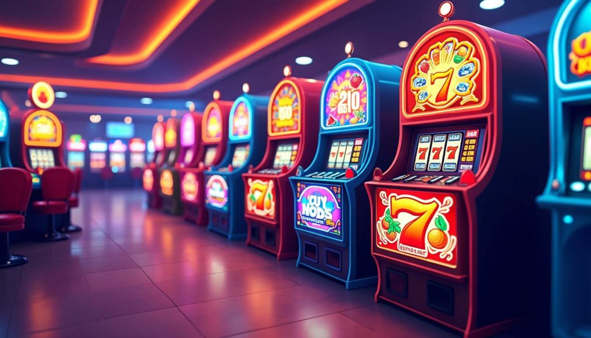 An enticing array of colorful casino slot machines