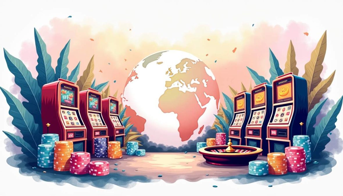 An elaborate casino scene featuring iconic gaming elements such as vibrant slot machines