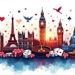 An array of iconic international landmarks and symbols representing various countries