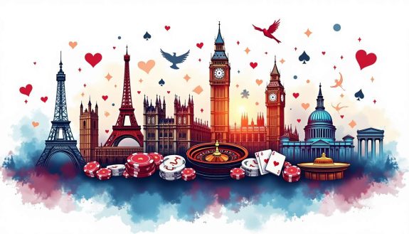 An array of iconic international landmarks and symbols representing various countries