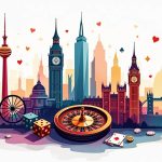 An array of iconic international landmarks surrounded by elements representing various gambling activities
