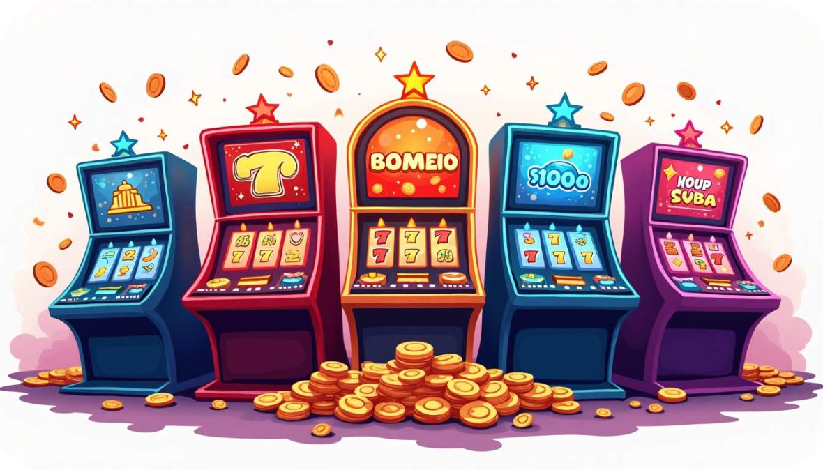 An array of vibrant and colorful casino slot machines
