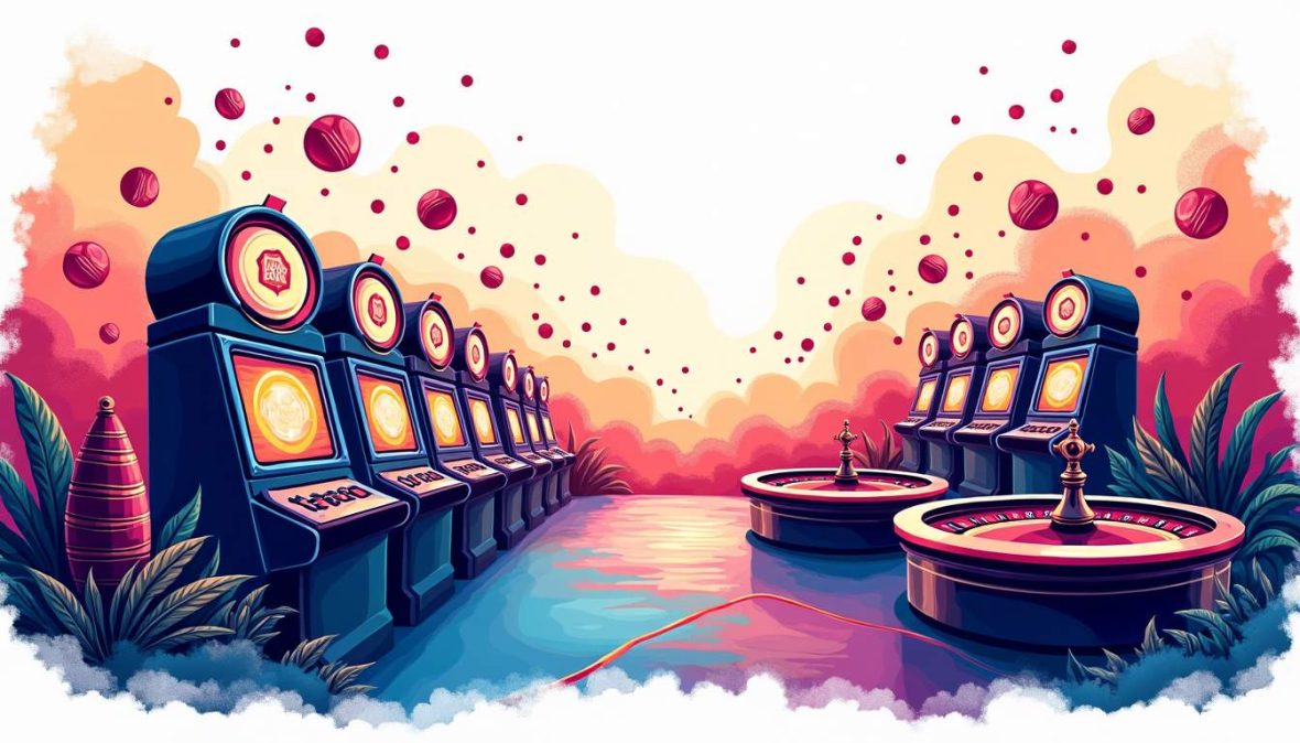 An exciting casino scene featuring a vibrant array of popular games such as slot machines