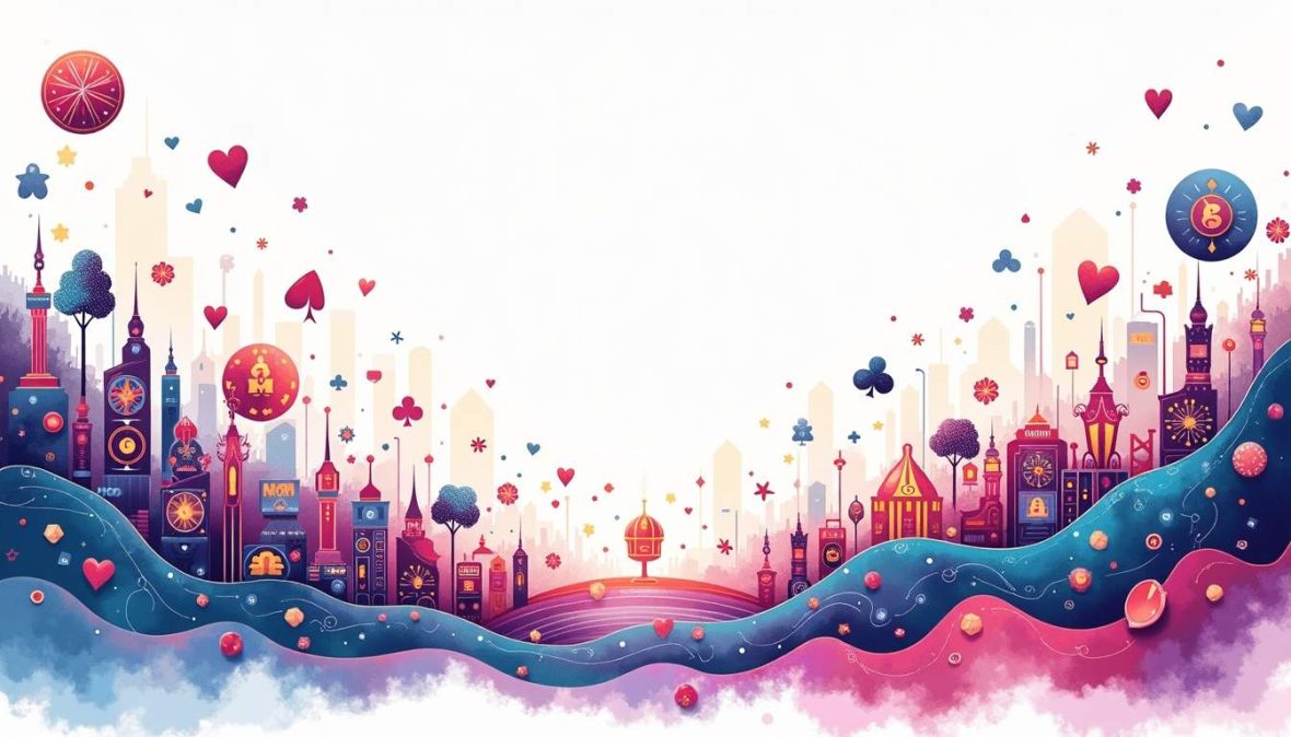 An abstract representation of a digital landscape filled with vibrant icons symbolizing various online gambling activities