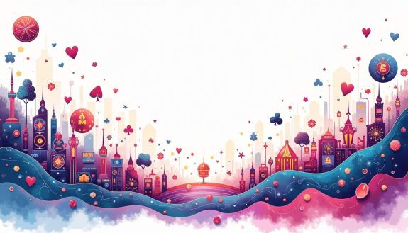 An abstract representation of a digital landscape filled with vibrant icons symbolizing various online gambling activities